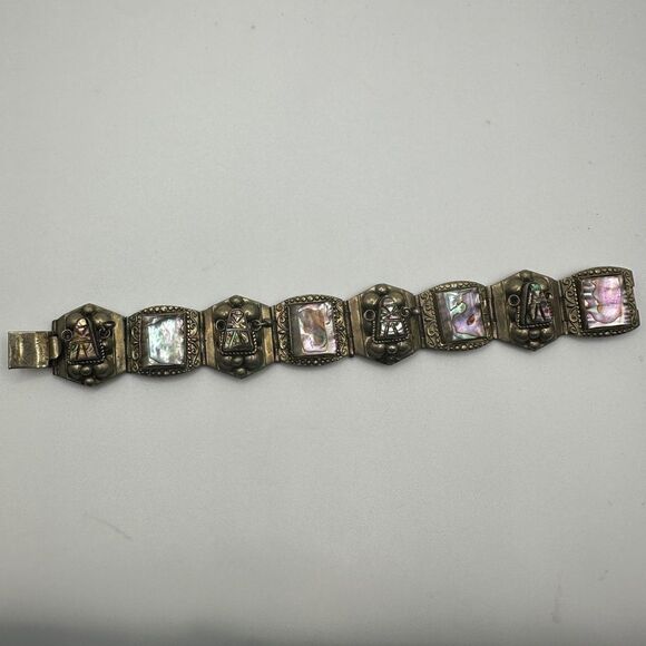 Vintage stamped Alpaca Mexico abalone shell bracelet!! - Picture 3 of 16